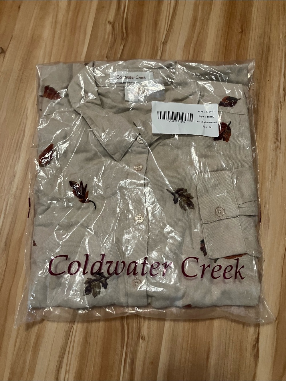 Coldwater Creek Beige Button-Down Shirt with Leaf Motif